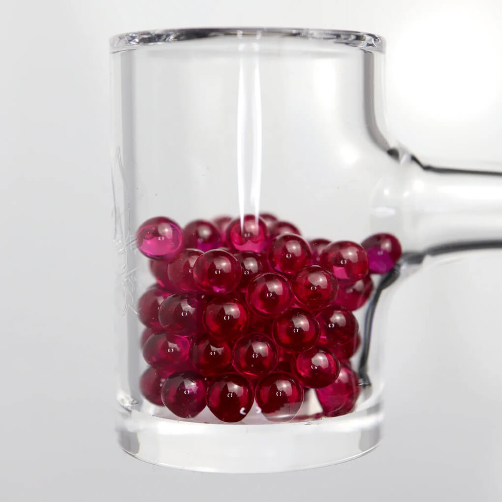 Calibear 3mm Ruby Terp Pearls. Perfect for Puffco Peak, Dr. Dabber Switch 2, Carta 2, quartz bangers, and e-rigs. Better heat retention and smoother dabs.