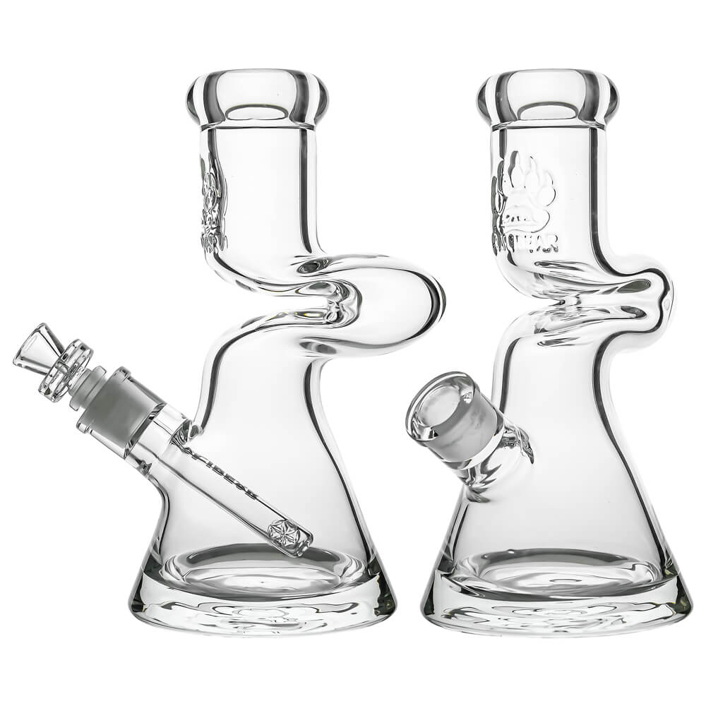 Calibear 9mm thick glass Zong bong beaker water pipe with double-bend Z-curve neck and etched bear paw logo.