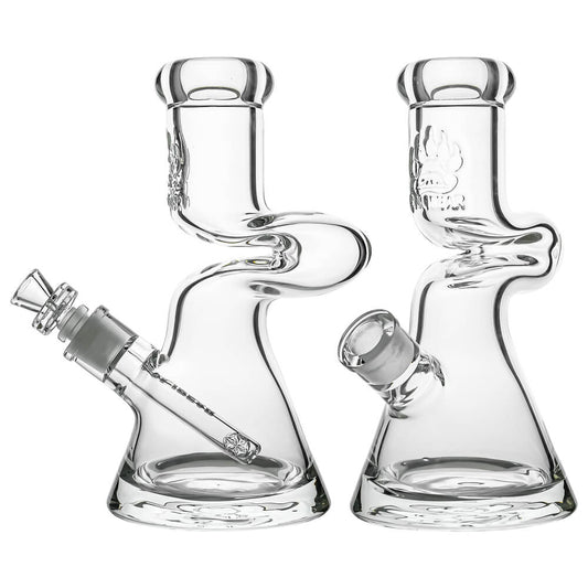 Calibear 9mm thick glass Zong bong beaker water pipe with double-bend Z-curve neck and etched bear paw logo.