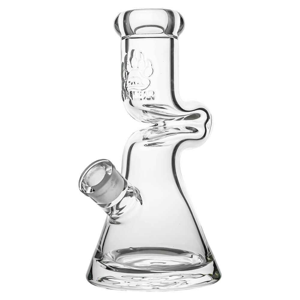 Calibear 9mm thick glass Zong bong beaker water pipe with double-bend Z-curve neck and etched bear paw logo.