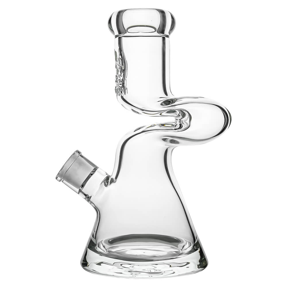 Calibear 9mm thick glass Zong bong beaker water pipe with double-bend Z-curve neck and etched bear paw logo.
