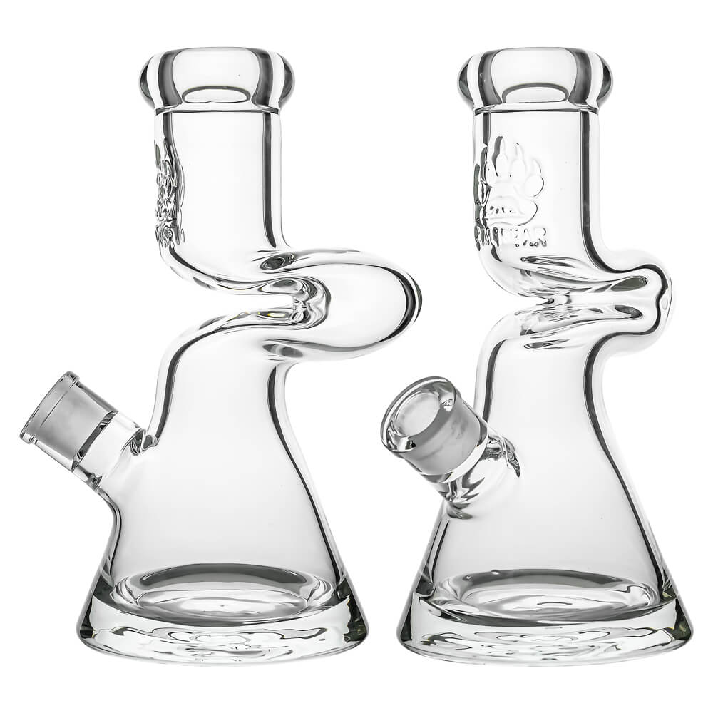 Calibear 9mm thick glass Zong bong beaker water pipe with double-bend Z-curve neck and etched bear paw logo.