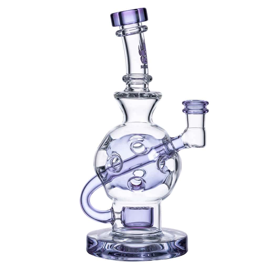 Calibear Ballsphere Dab Rigs in multiple colors including clear, purple, pink, green, blue, and smoke grey featuring the Seed of Life perc and spherical chamber.