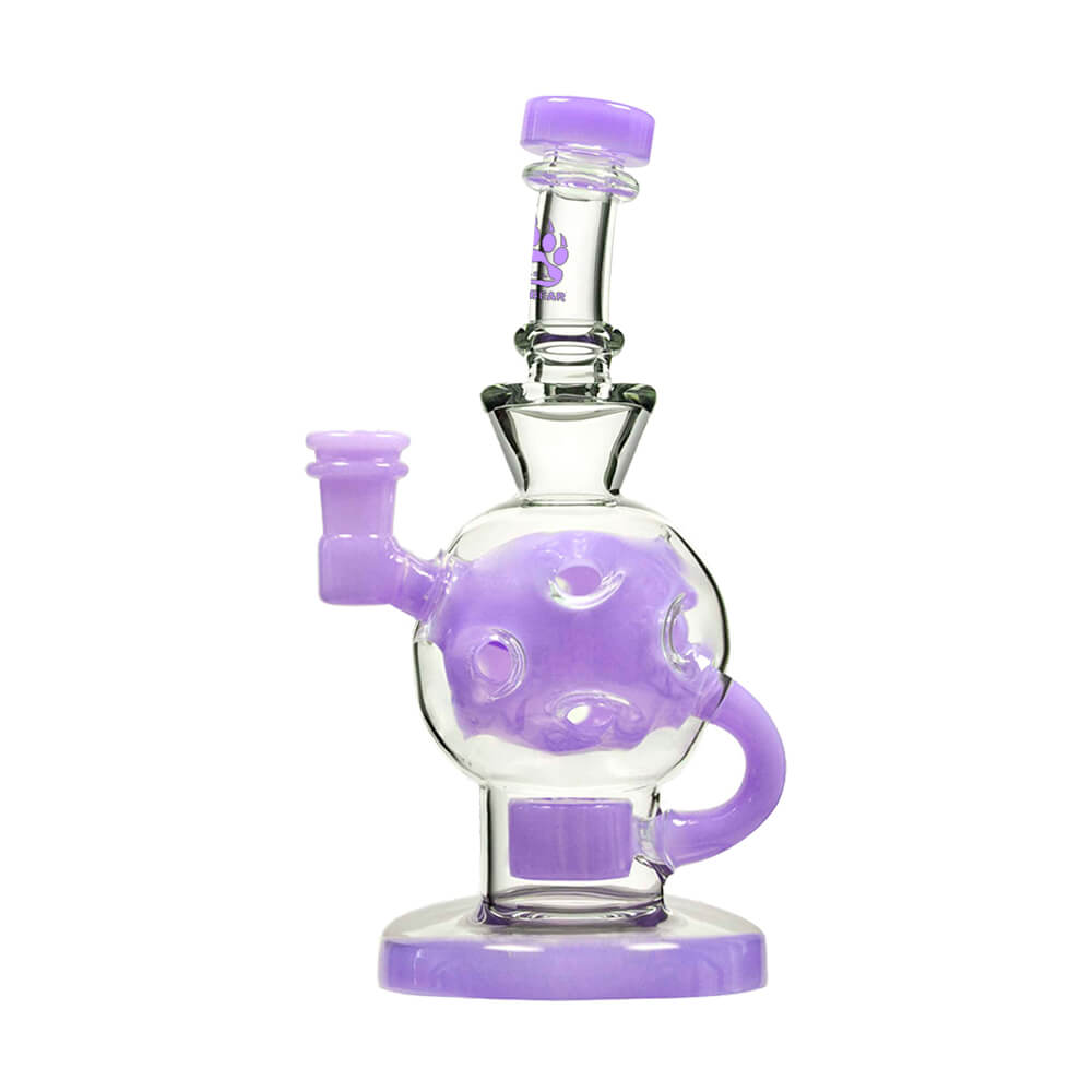 Calibear Ballsphere Dab Rigs in multiple colors including clear, purple, pink, green, blue, and smoke grey featuring the Seed of Life perc and spherical chamber.
