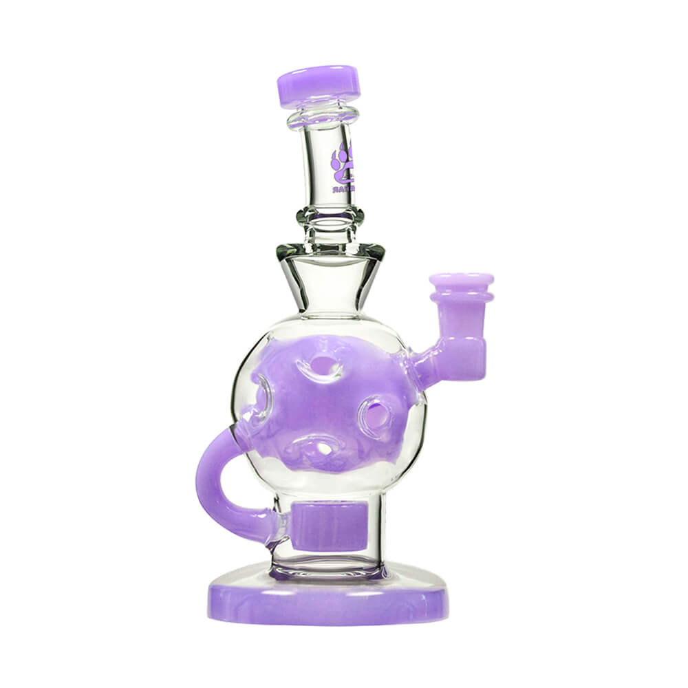 Calibear Ballsphere Dab Rigs in multiple colors including clear, purple, pink, green, blue, and smoke grey featuring the Seed of Life perc and spherical chamber.