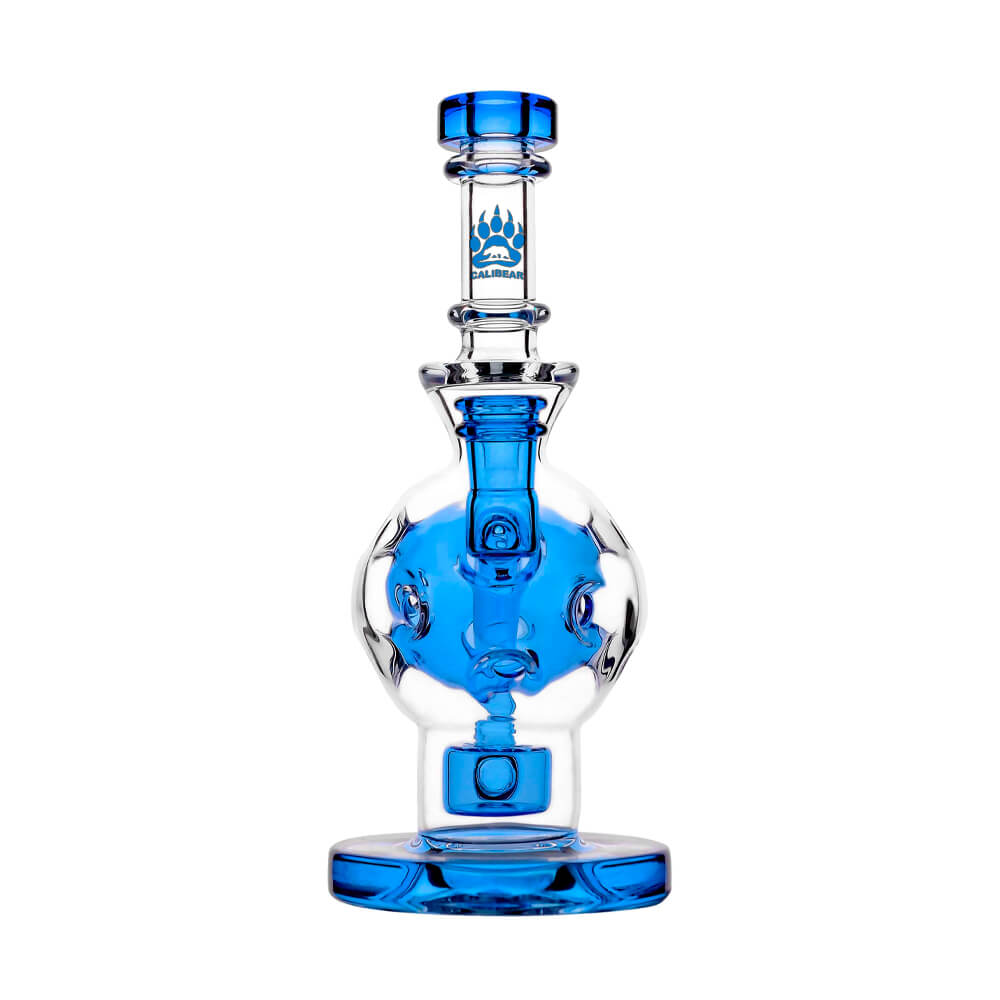 Calibear Ballsphere Dab Rigs in multiple colors including clear, purple, pink, green, blue, and smoke grey featuring the Seed of Life perc and spherical chamber.