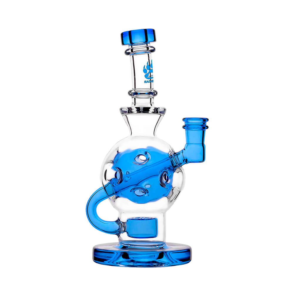 Calibear Ballsphere Dab Rigs in multiple colors including clear, purple, pink, green, blue, and smoke grey featuring the Seed of Life perc and spherical chamber.