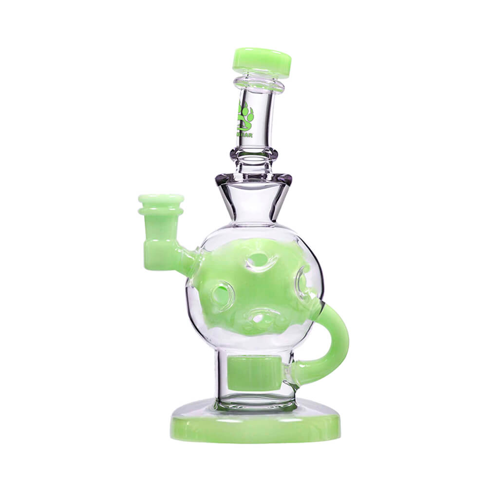 Calibear Ballsphere Dab Rigs in multiple colors including clear, purple, pink, green, blue, and smoke grey featuring the Seed of Life perc and spherical chamber.