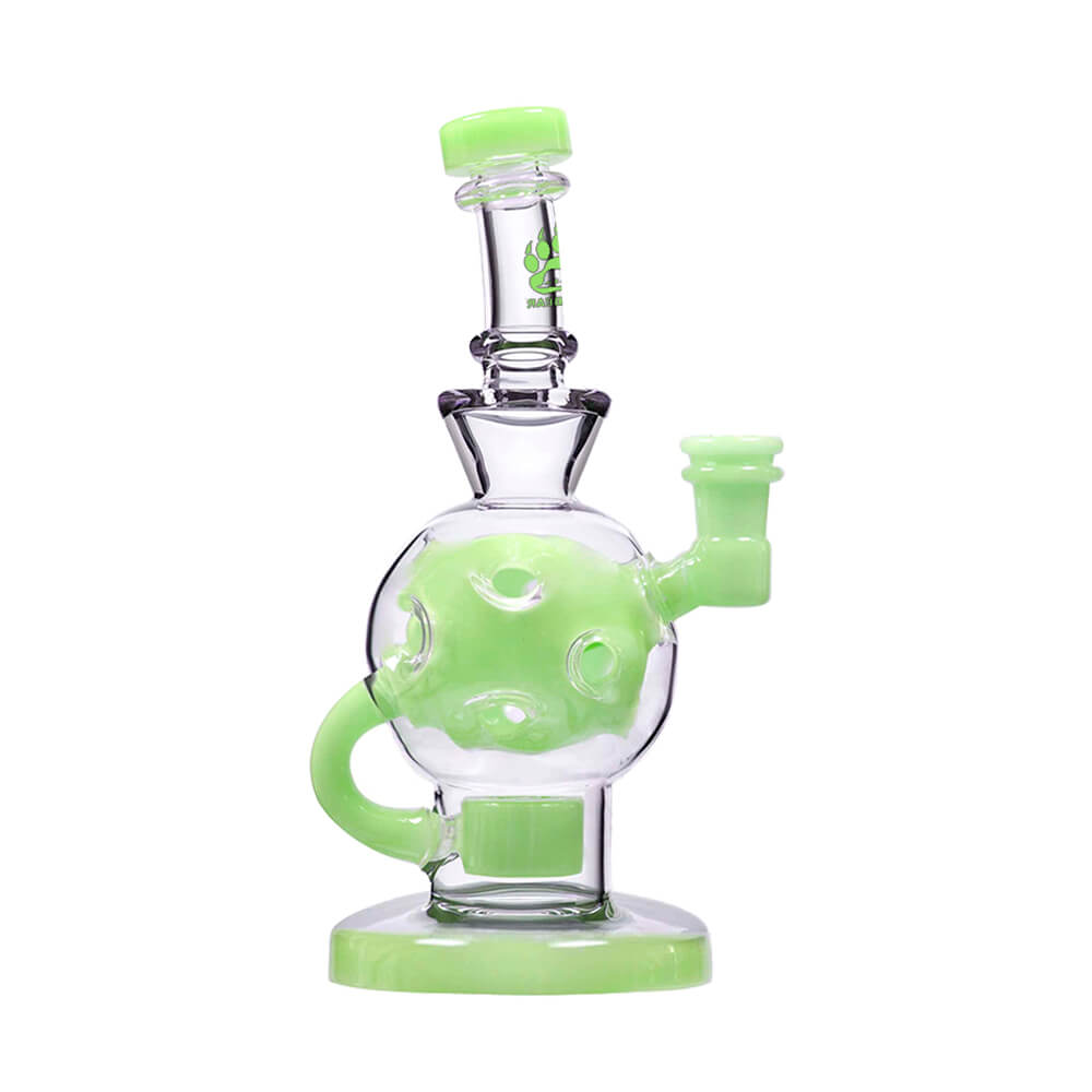 Calibear Ballsphere Dab Rigs in multiple colors including clear, purple, pink, green, blue, and smoke grey featuring the Seed of Life perc and spherical chamber.
