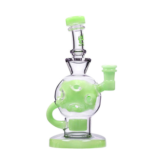Calibear Ballsphere Dab Rigs in multiple colors including clear, purple, pink, green, blue, and smoke grey featuring the Seed of Life perc and spherical chamber.