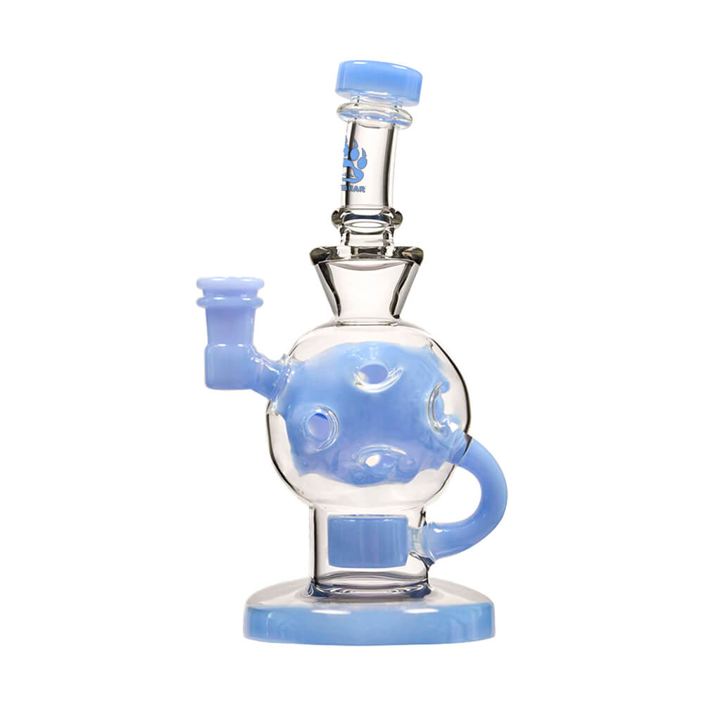 Calibear Ballsphere Dab Rigs in multiple colors including clear, purple, pink, green, blue, and smoke grey featuring the Seed of Life perc and spherical chamber.