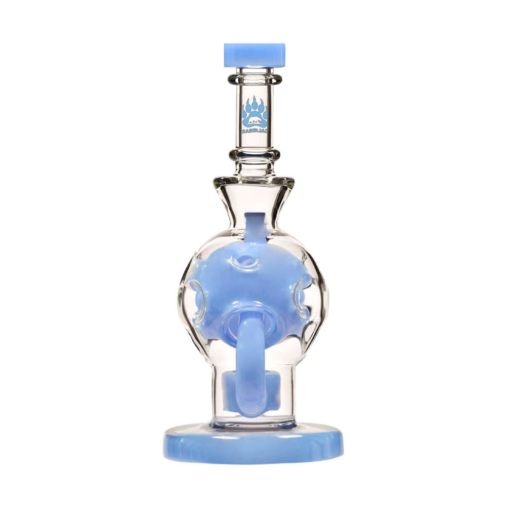 Calibear Ballsphere Dab Rigs in multiple colors including clear, purple, pink, green, blue, and smoke grey featuring the Seed of Life perc and spherical chamber.