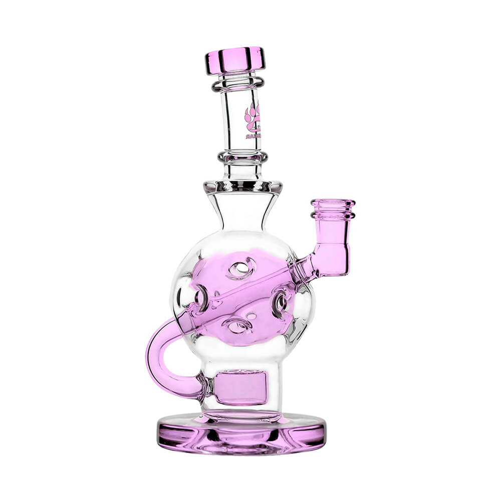 Calibear Ballsphere Dab Rigs in multiple colors including clear, purple, pink, green, blue, and smoke grey featuring the Seed of Life perc and spherical chamber.