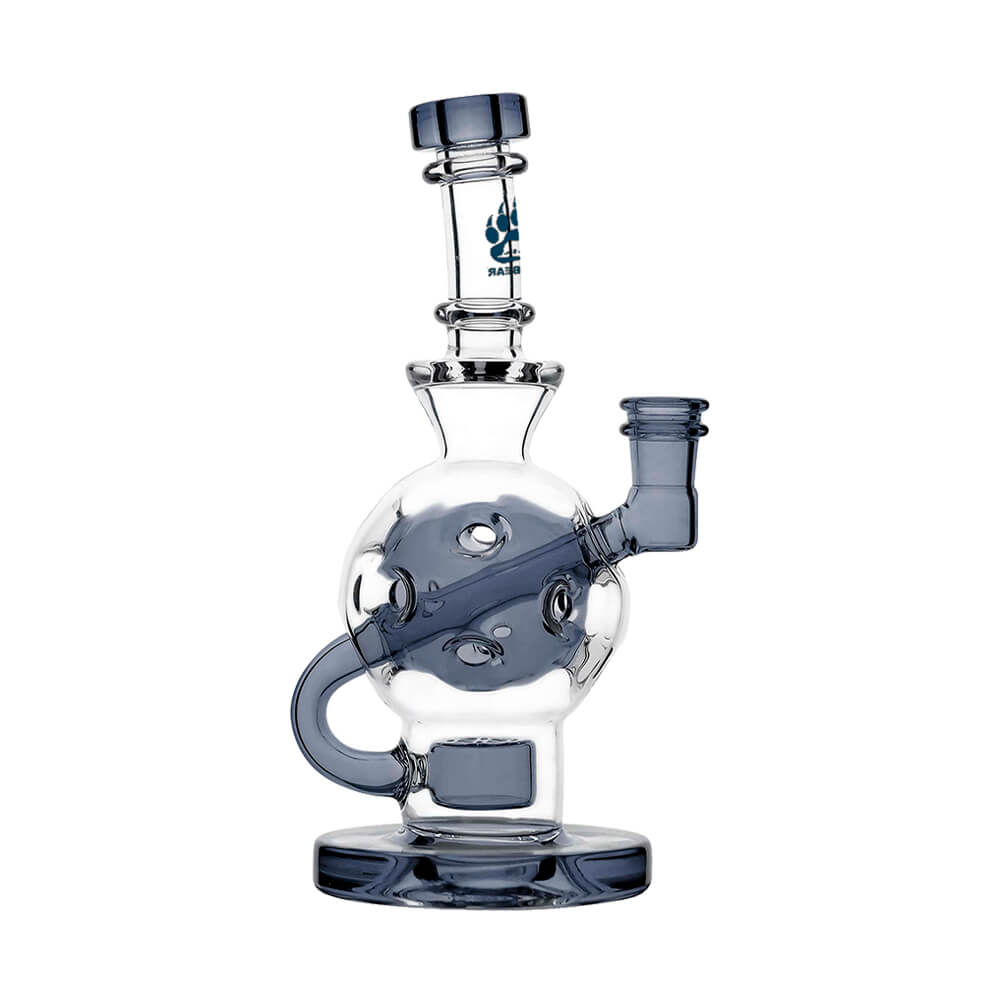 Calibear Ballsphere Dab Rigs in multiple colors including clear, purple, pink, green, blue, and smoke grey featuring the Seed of Life perc and spherical chamber.