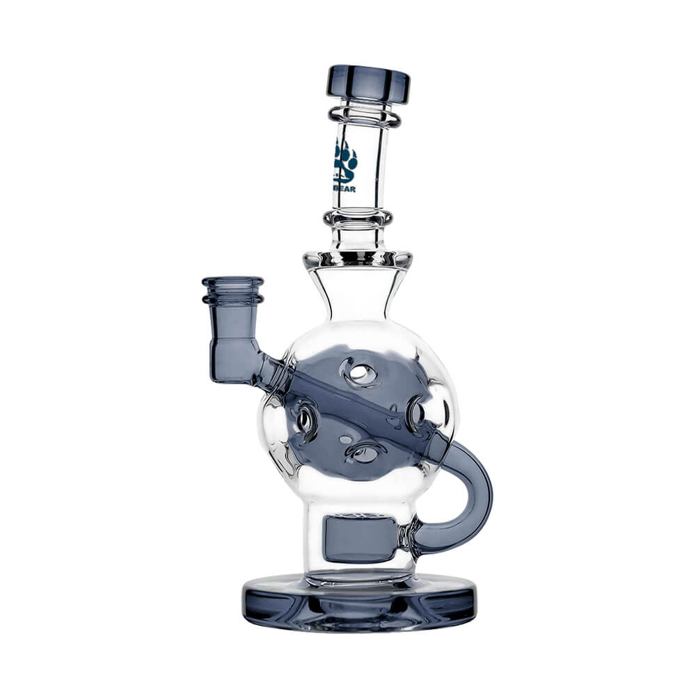 Calibear Ballsphere Dab Rigs in multiple colors including clear, purple, pink, green, blue, and smoke grey featuring the Seed of Life perc and spherical chamber.