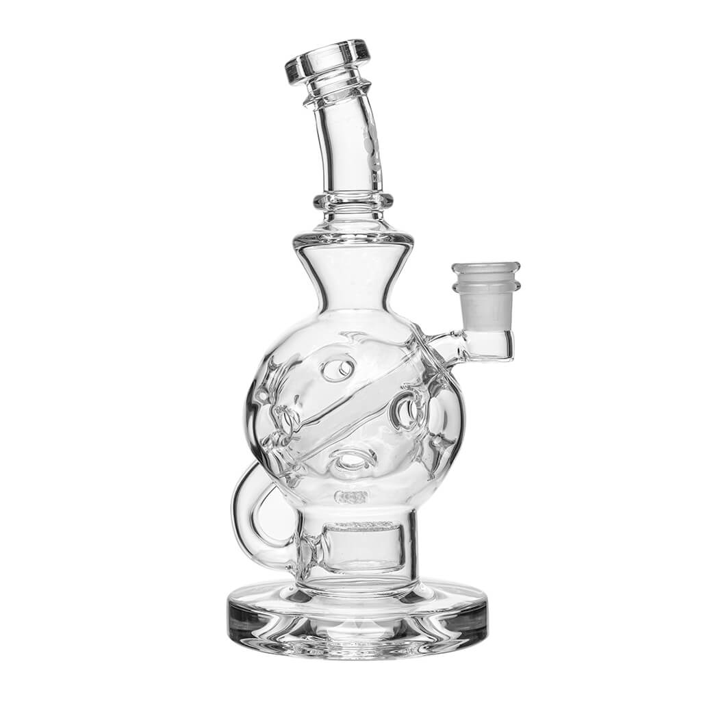 Calibear Ballsphere Dab Rigs in multiple colors including clear, purple, pink, green, blue, and smoke grey featuring the Seed of Life perc and spherical chamber.