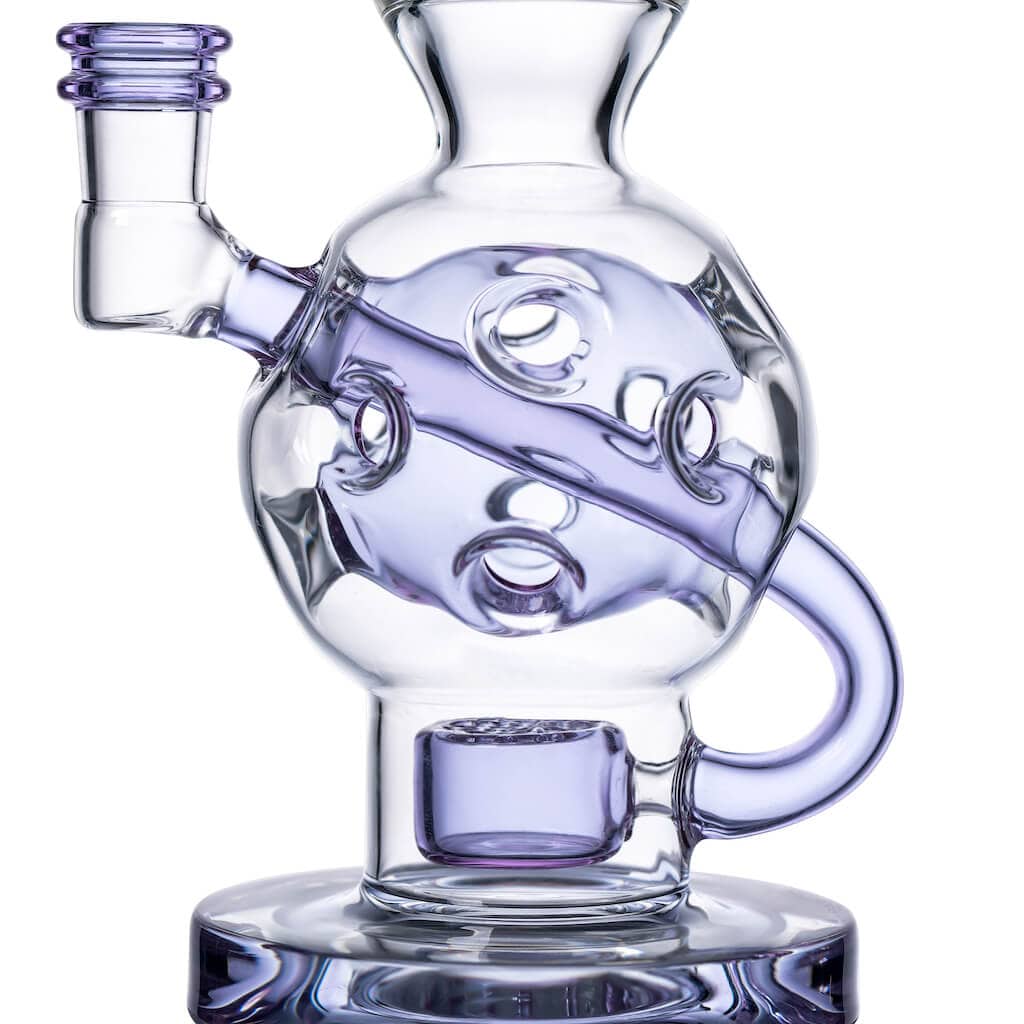 Calibear Ballsphere Dab Rigs in multiple colors including clear, purple, pink, green, blue, and smoke grey featuring the Seed of Life perc and spherical chamber.