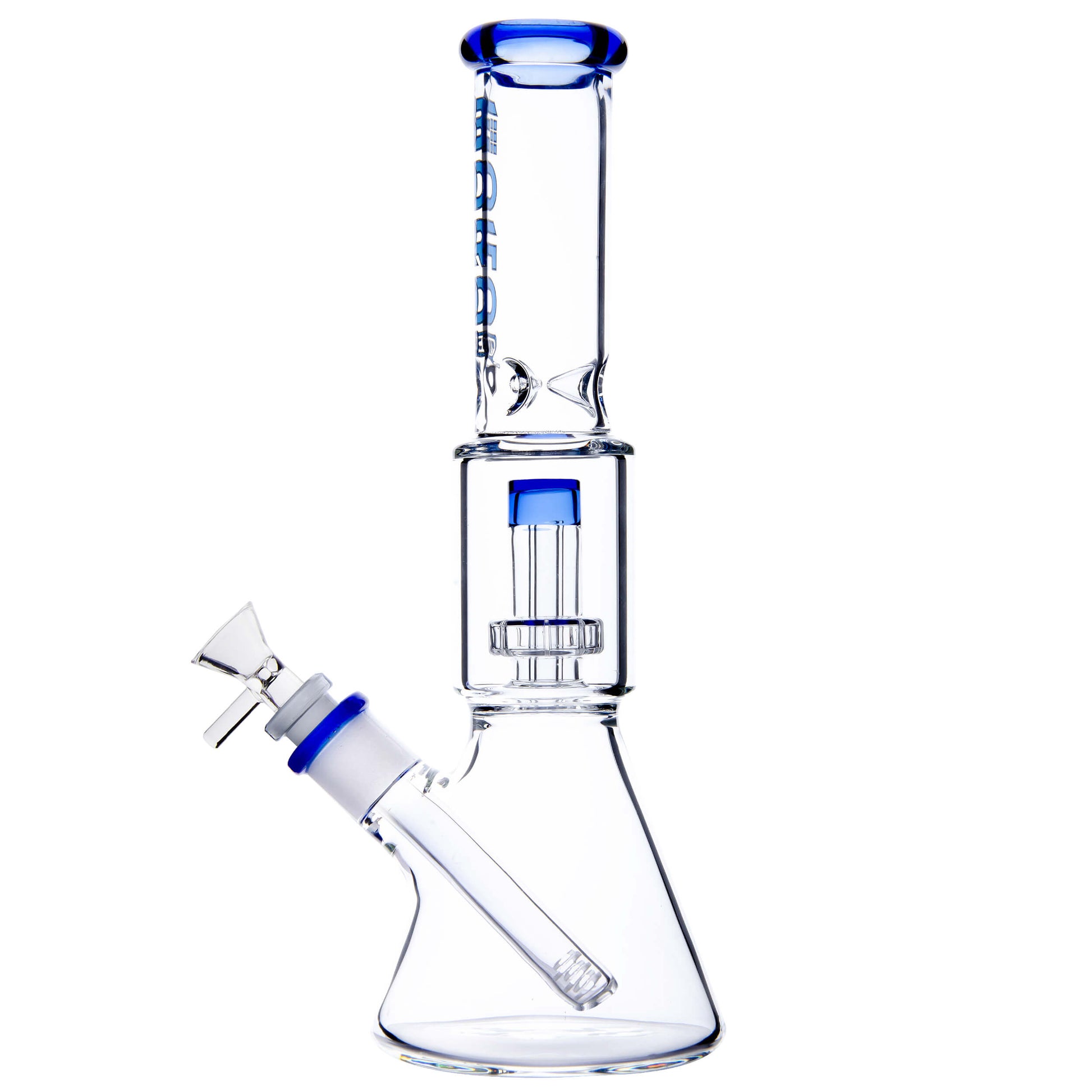 Calibear Classic Beaker Water Pipe with built-in tree percolator and blue accented mouthpiece.