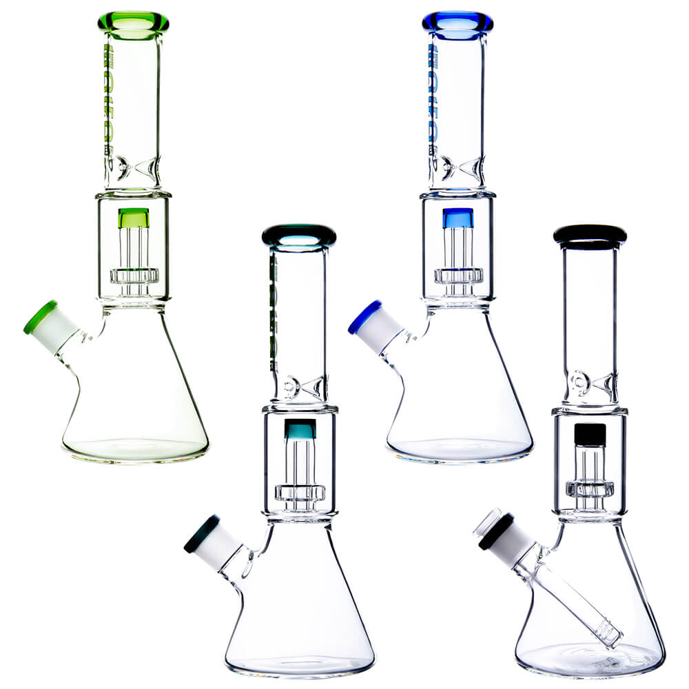 Calibear Classic Beaker Water Pipe with built-in tree percolator and blue accented mouthpiece.