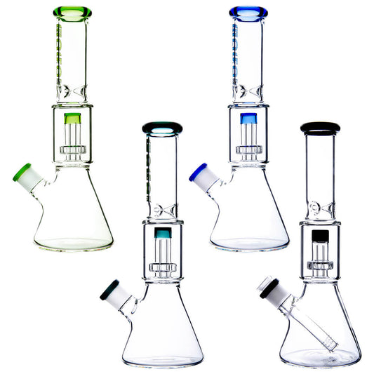 Calibear Classic Beaker Water Pipe with built-in tree percolator and blue accented mouthpiece.