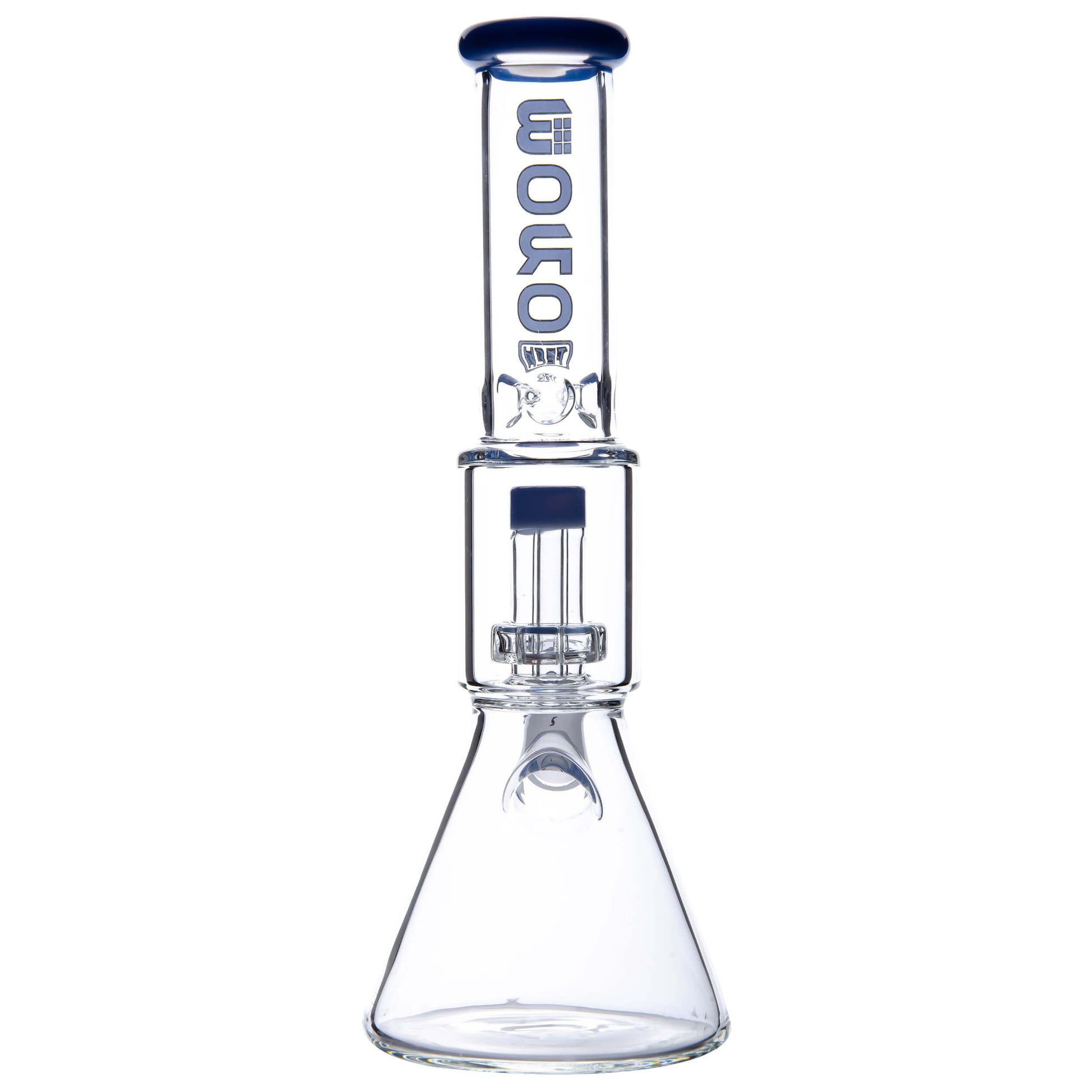 Calibear Classic Beaker Water Pipe with built-in tree percolator and blue accented mouthpiece.