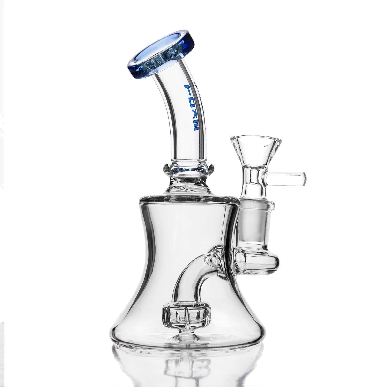 Clear beaker style glass water pipe with blue accented angled neck and built-in showerhead diffuser.