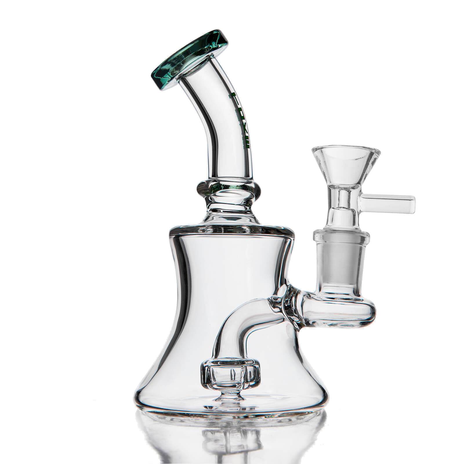 Clear beaker style glass water pipe with blue accented angled neck and built-in showerhead diffuser.