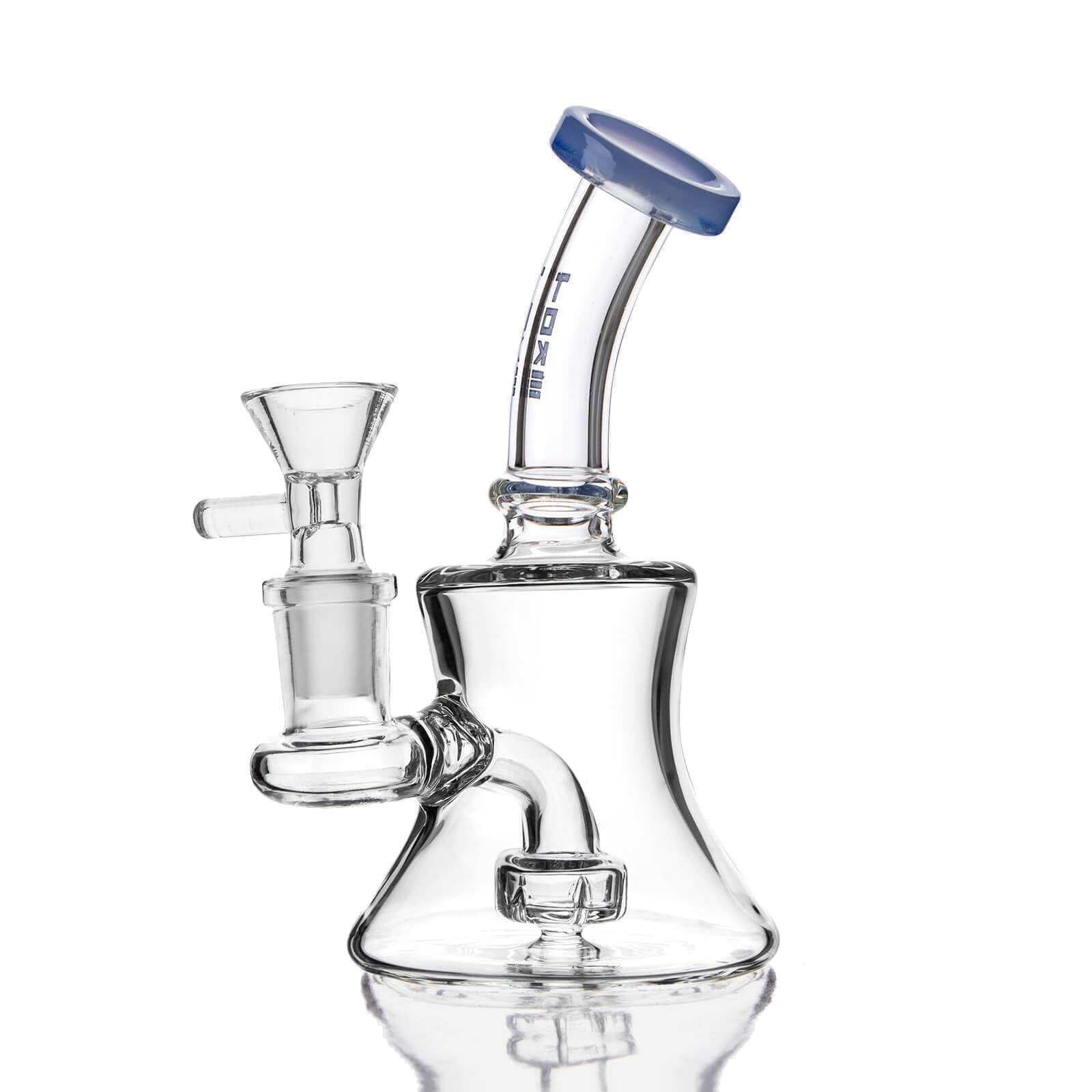Clear beaker style glass water pipe with blue accented angled neck and built-in showerhead diffuser.