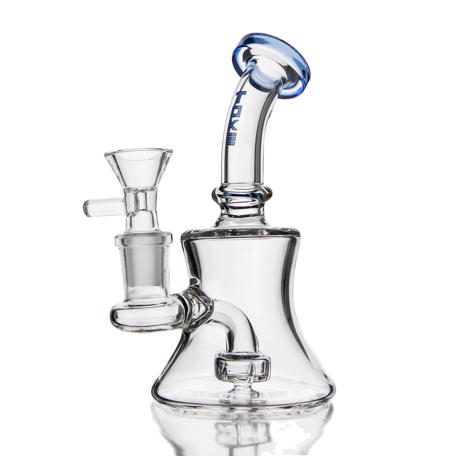Clear beaker style glass water pipe with blue accented angled neck and built-in showerhead diffuser.