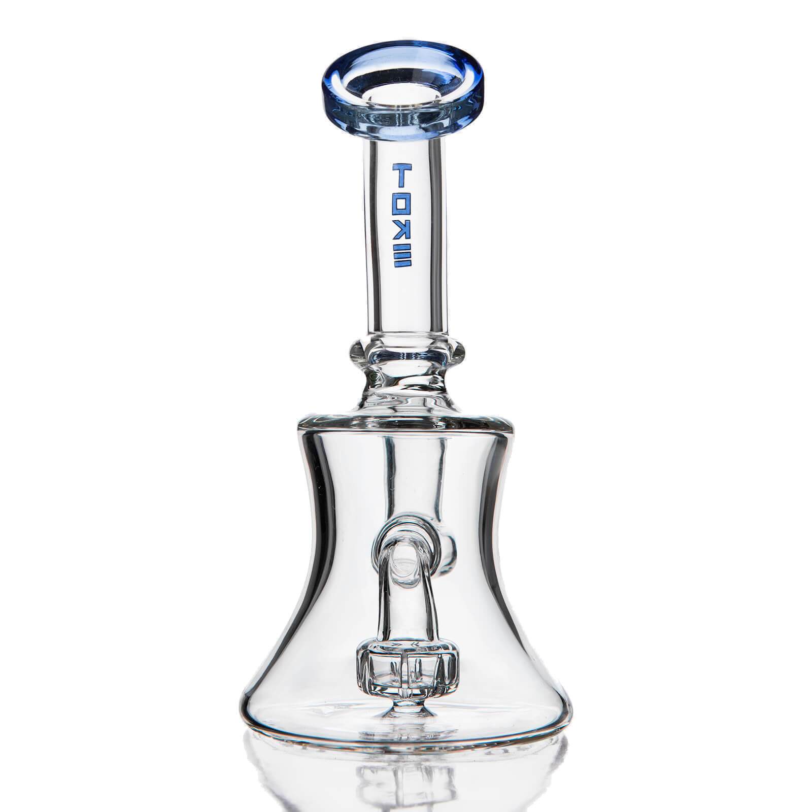 Clear beaker style glass water pipe with blue accented angled neck and built-in showerhead diffuser.