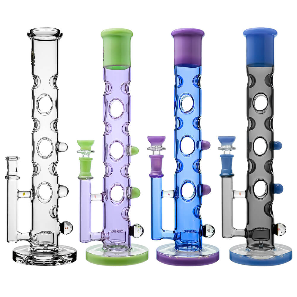 Calibear Colored Holed Straight Tube Water Pipe series in Clear, Purple, Blue, and Black featuring honeycomb percolators and ergonomic grip holes.