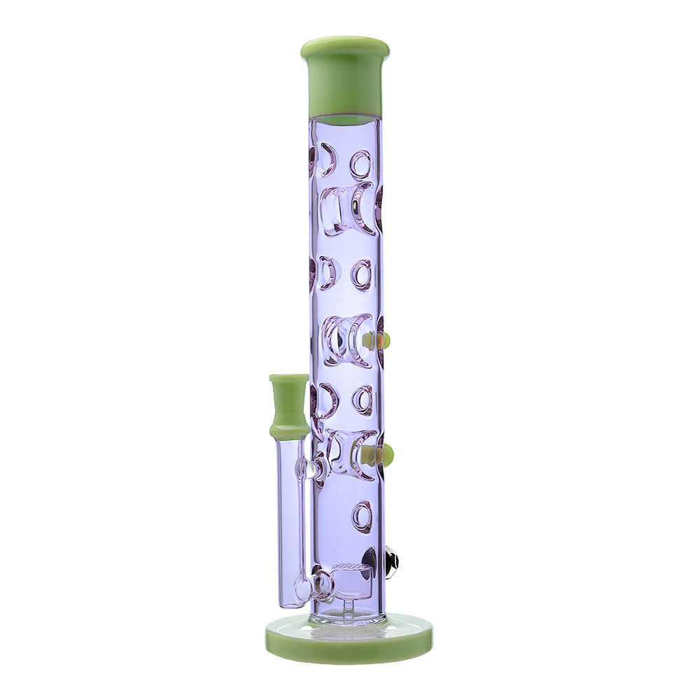 Calibear Colored Holed Straight Tube Water Pipe series in Clear, Purple, Blue, and Black featuring honeycomb percolators and ergonomic grip holes.