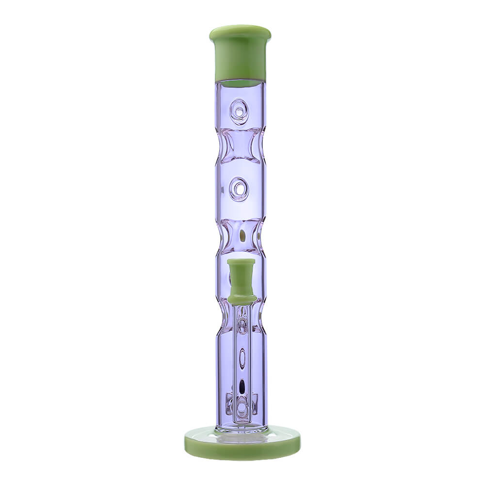 Calibear Colored Holed Straight Tube Water Pipe series in Clear, Purple, Blue, and Black featuring honeycomb percolators and ergonomic grip holes.