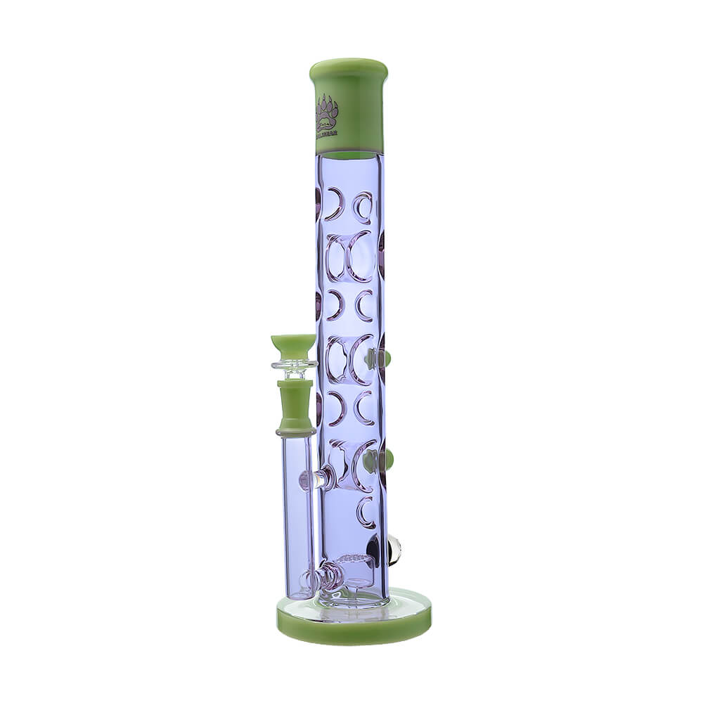 Calibear Colored Holed Straight Tube Water Pipe series in Clear, Purple, Blue, and Black featuring honeycomb percolators and ergonomic grip holes.