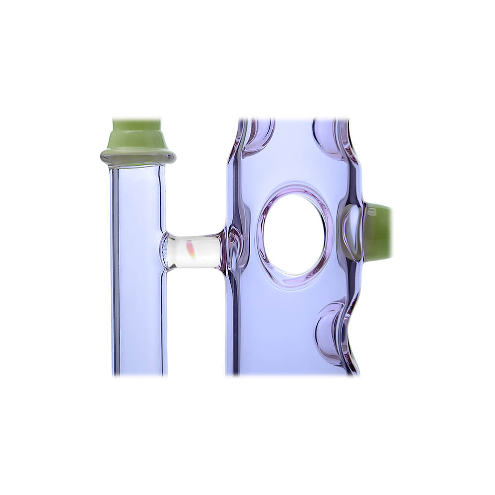 Calibear Colored Holed Straight Tube Water Pipe series in Clear, Purple, Blue, and Black featuring honeycomb percolators and ergonomic grip holes.