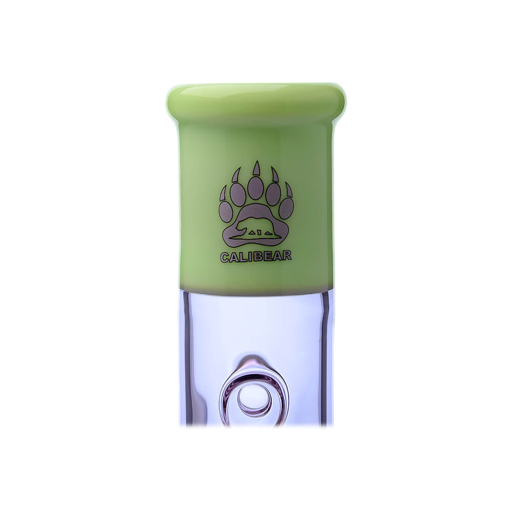 Calibear Colored Holed Straight Tube Water Pipe series in Clear, Purple, Blue, and Black featuring honeycomb percolators and ergonomic grip holes.