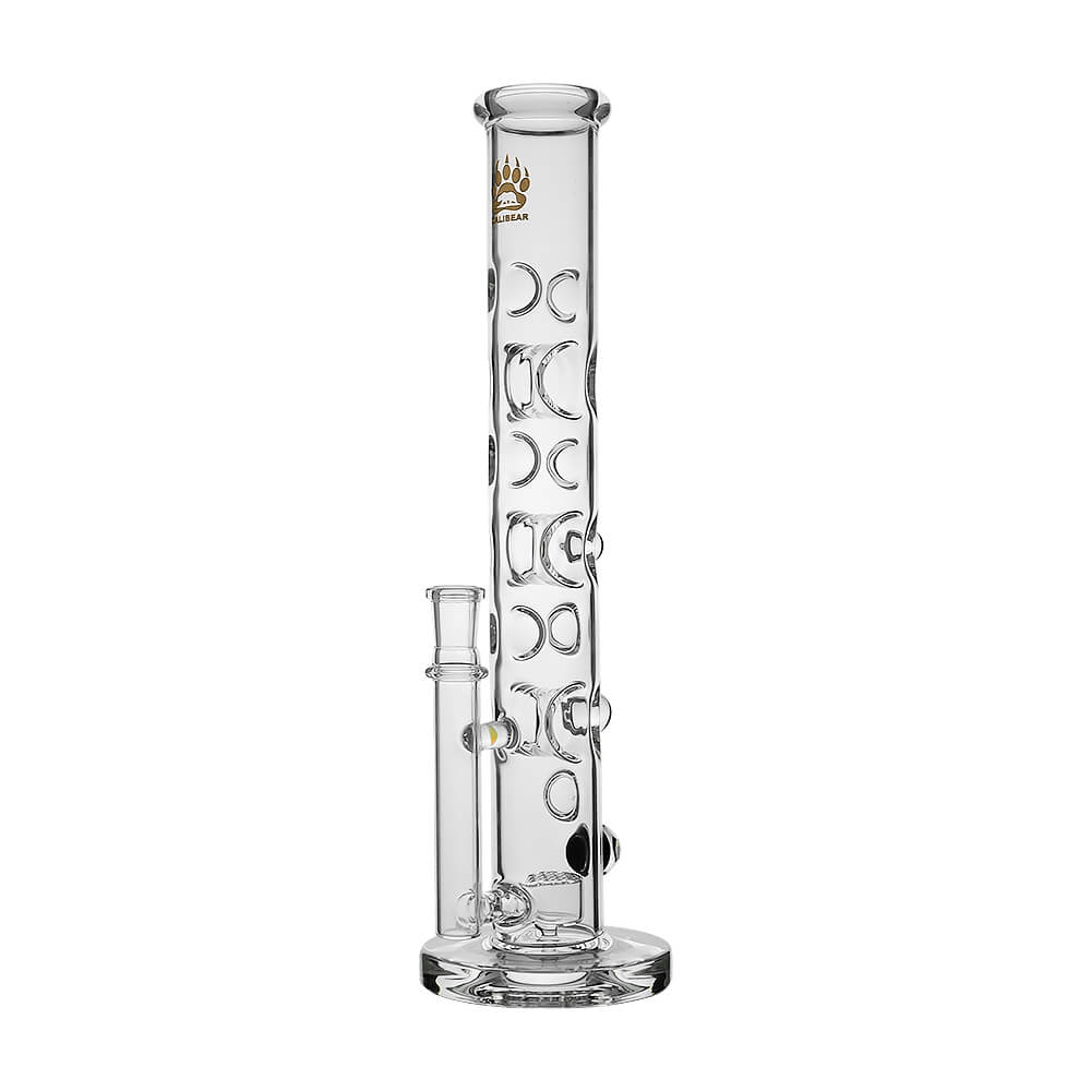 Calibear Colored Holed Straight Tube Water Pipe series in Clear, Purple, Blue, and Black featuring honeycomb percolators and ergonomic grip holes.