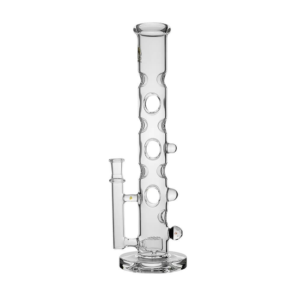 Calibear Colored Holed Straight Tube Water Pipe series in Clear, Purple, Blue, and Black featuring honeycomb percolators and ergonomic grip holes.