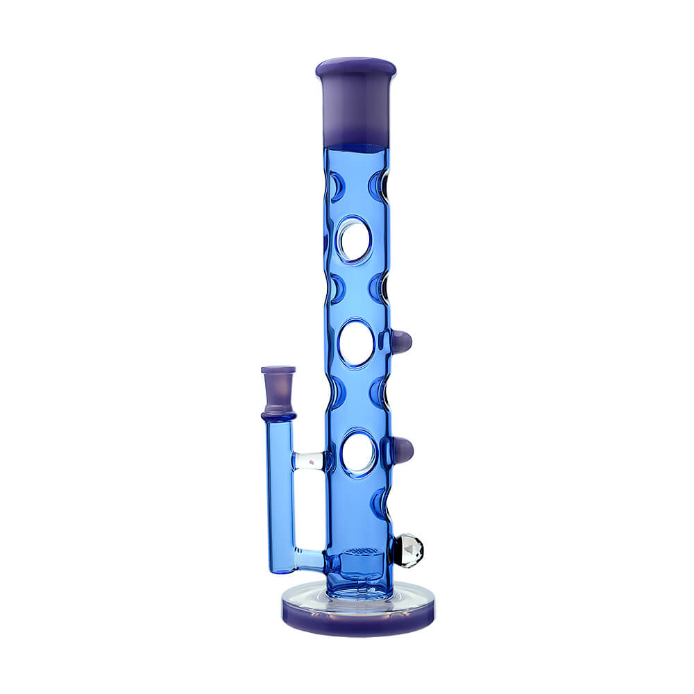 Calibear Colored Holed Straight Tube Water Pipe series in Clear, Purple, Blue, and Black featuring honeycomb percolators and ergonomic grip holes.