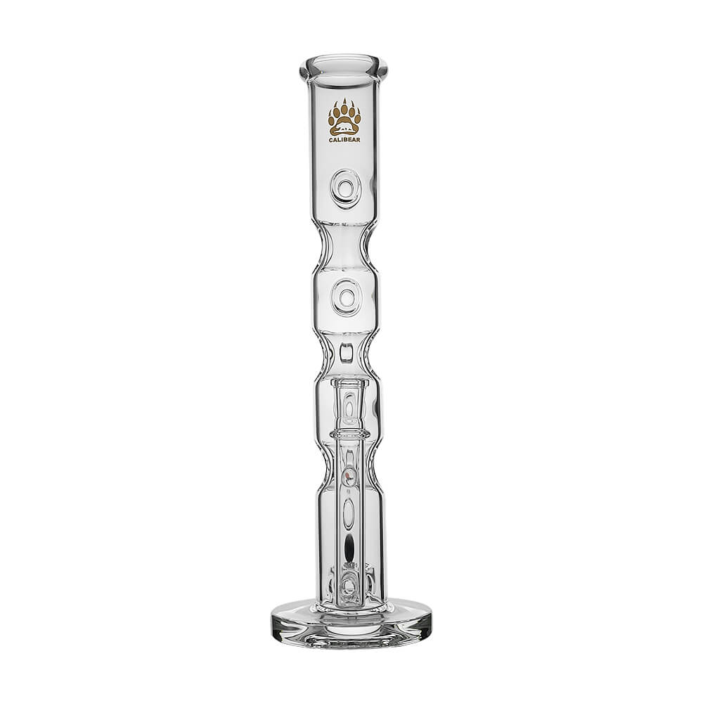 Calibear Colored Holed Straight Tube Water Pipe series in Clear, Purple, Blue, and Black featuring honeycomb percolators and ergonomic grip holes.