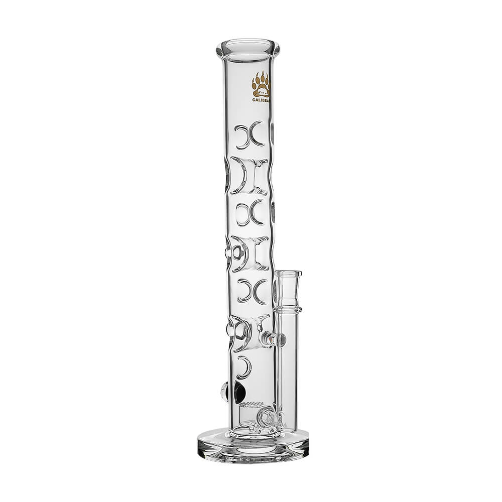 Calibear Colored Holed Straight Tube Water Pipe series in Clear, Purple, Blue, and Black featuring honeycomb percolators and ergonomic grip holes.