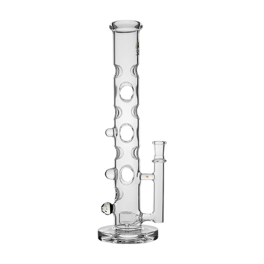 Calibear Colored Holed Straight Tube Water Pipe series in Clear, Purple, Blue, and Black featuring honeycomb percolators and ergonomic grip holes.