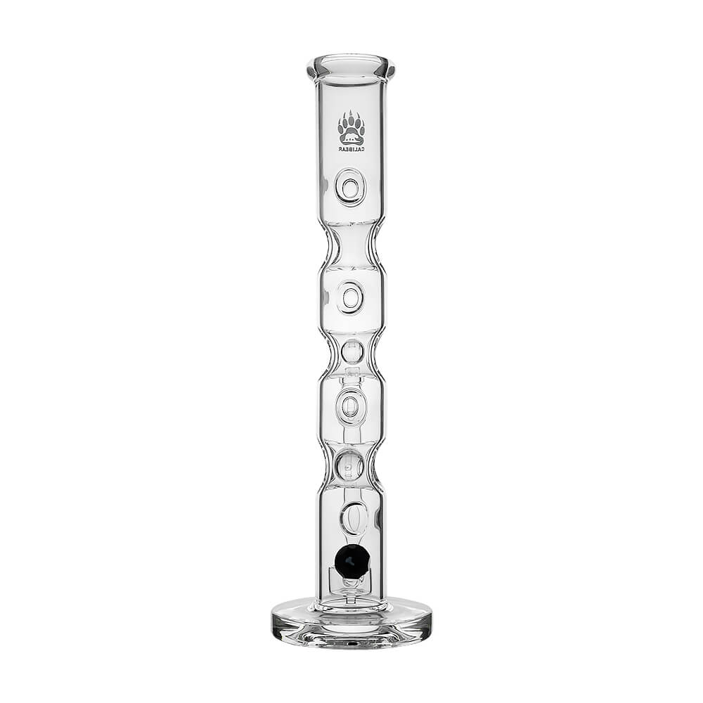 Calibear Colored Holed Straight Tube Water Pipe series in Clear, Purple, Blue, and Black featuring honeycomb percolators and ergonomic grip holes.
