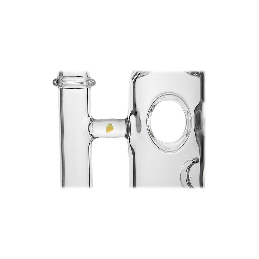 Calibear Colored Holed Straight Tube Water Pipe series in Clear, Purple, Blue, and Black featuring honeycomb percolators and ergonomic grip holes.