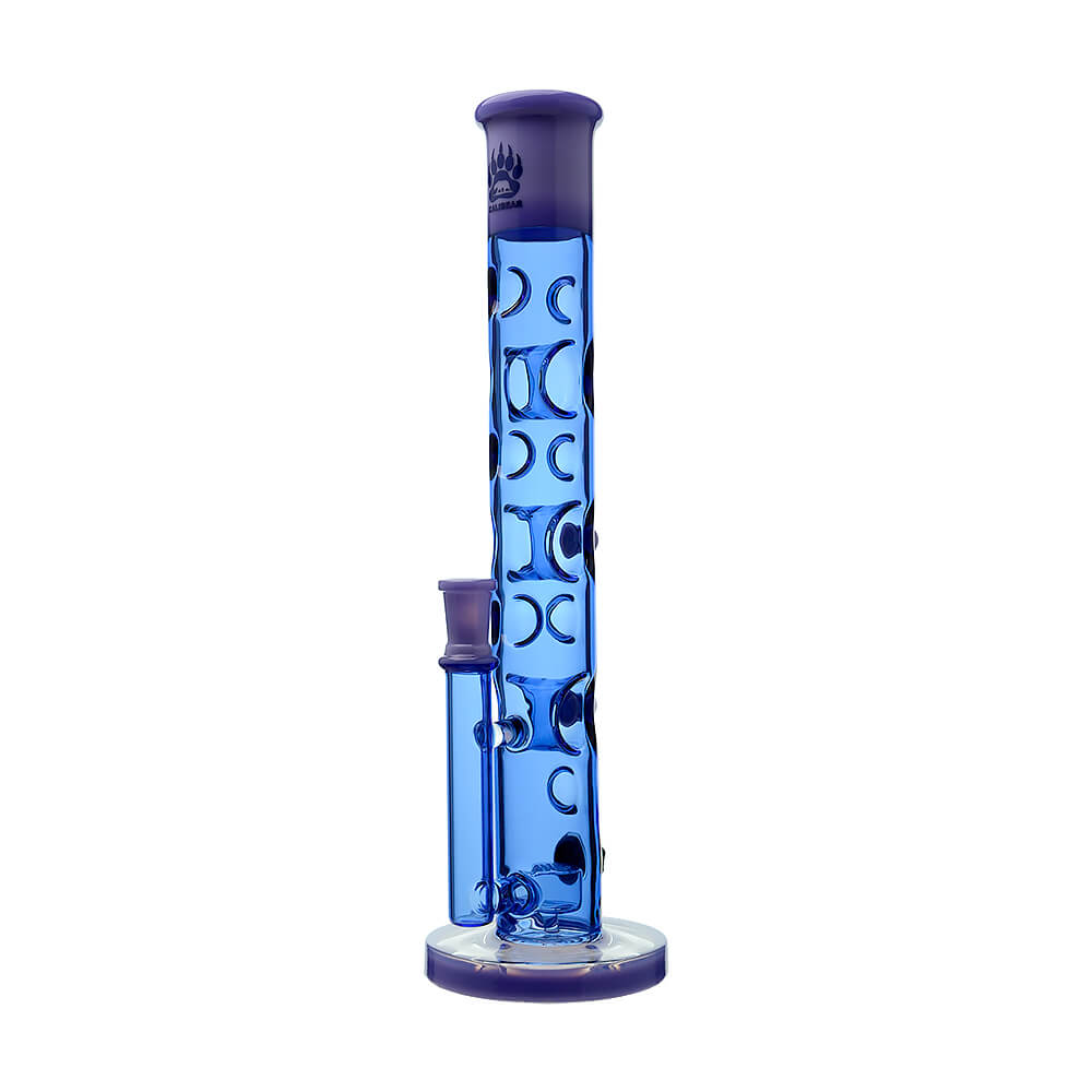 Calibear Colored Holed Straight Tube Water Pipe series in Clear, Purple, Blue, and Black featuring honeycomb percolators and ergonomic grip holes.