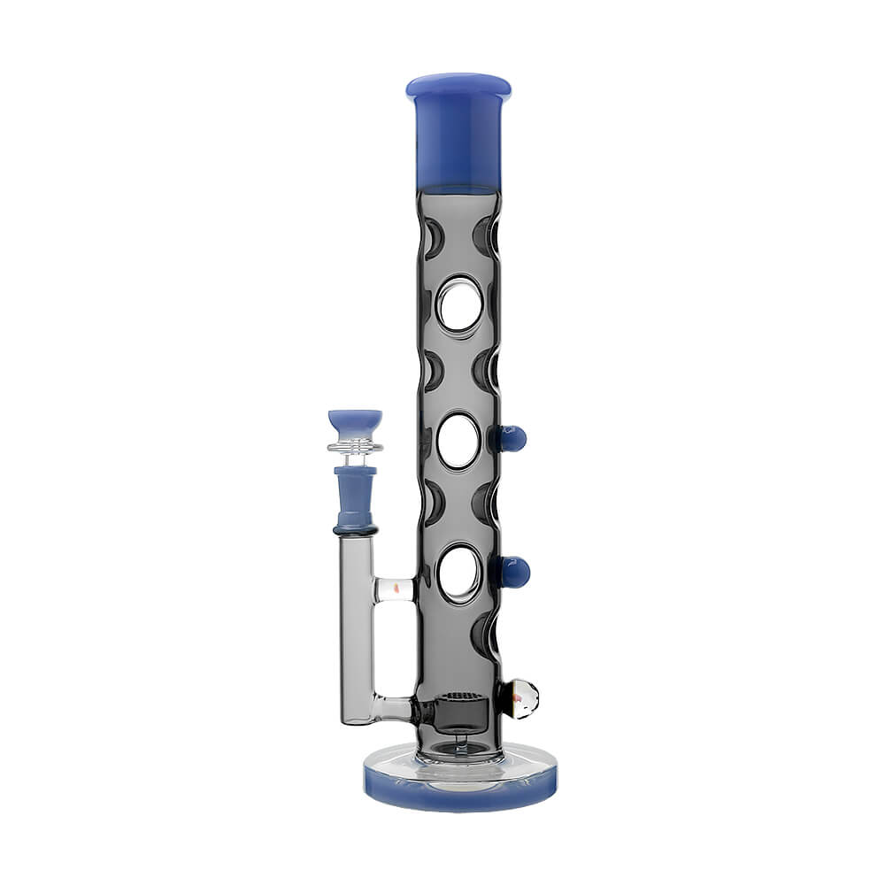 Calibear Colored Holed Straight Tube Water Pipe series in Clear, Purple, Blue, and Black featuring honeycomb percolators and ergonomic grip holes.