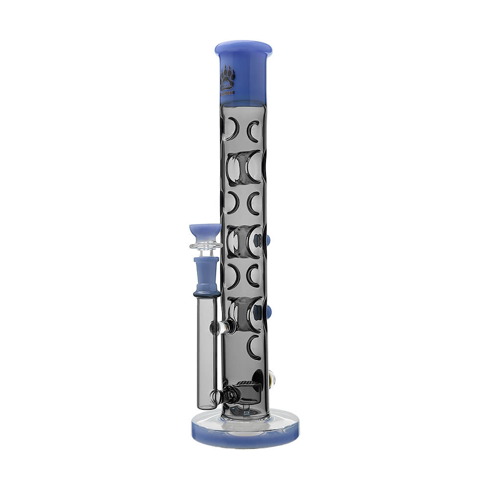Calibear Colored Holed Straight Tube Water Pipe series in Clear, Purple, Blue, and Black featuring honeycomb percolators and ergonomic grip holes.