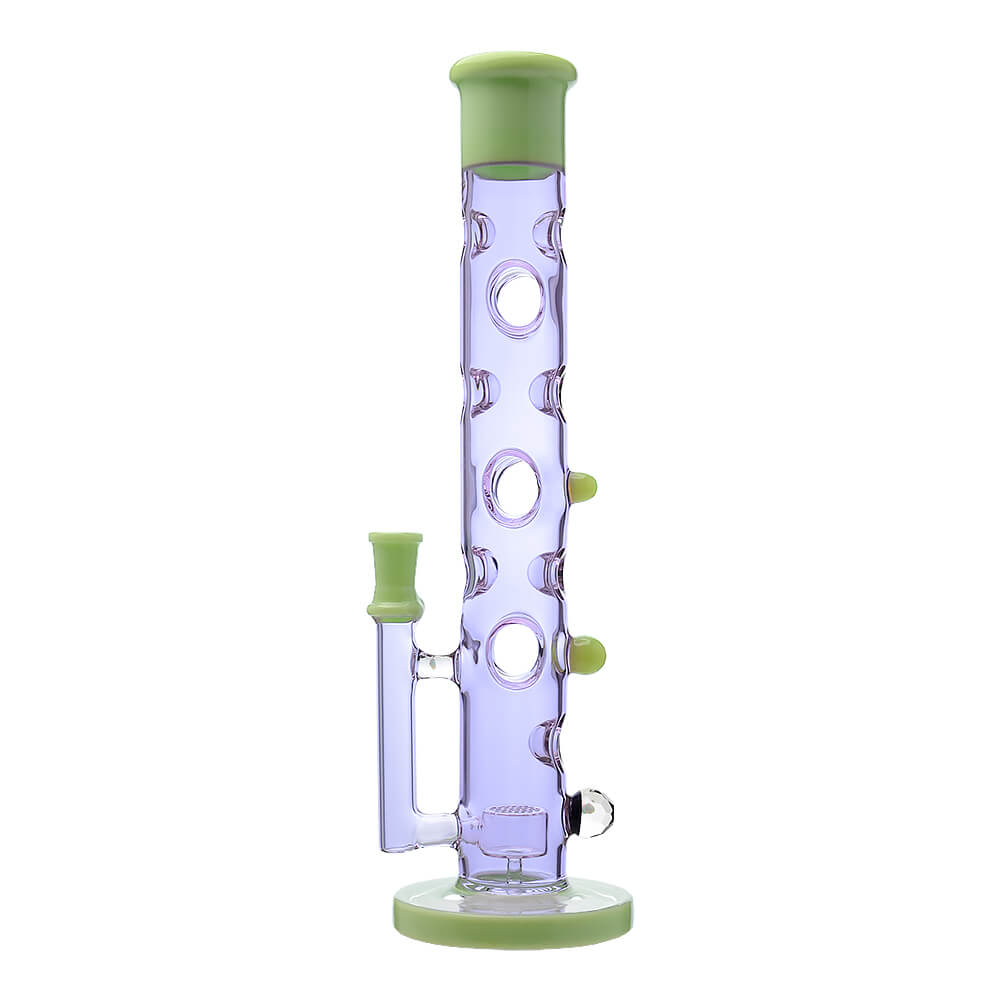 Calibear Colored Holed Straight Tube Water Pipe series in Clear, Purple, Blue, and Black featuring honeycomb percolators and ergonomic grip holes.