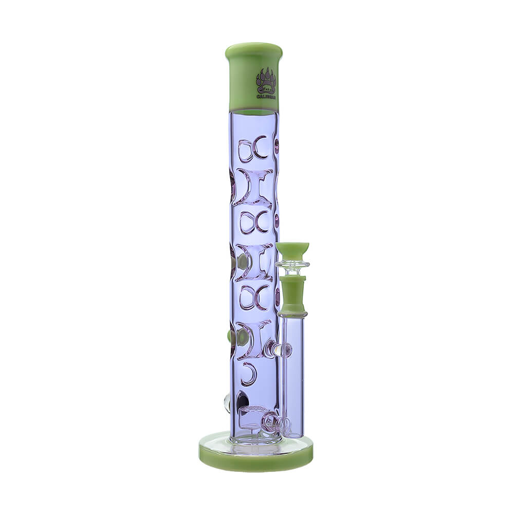 Calibear Colored Holed Straight Tube Water Pipe series in Clear, Purple, Blue, and Black featuring honeycomb percolators and ergonomic grip holes.