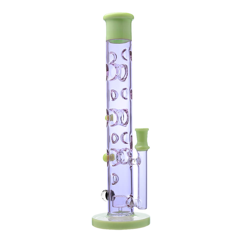 Calibear Colored Holed Straight Tube Water Pipe series in Clear, Purple, Blue, and Black featuring honeycomb percolators and ergonomic grip holes.